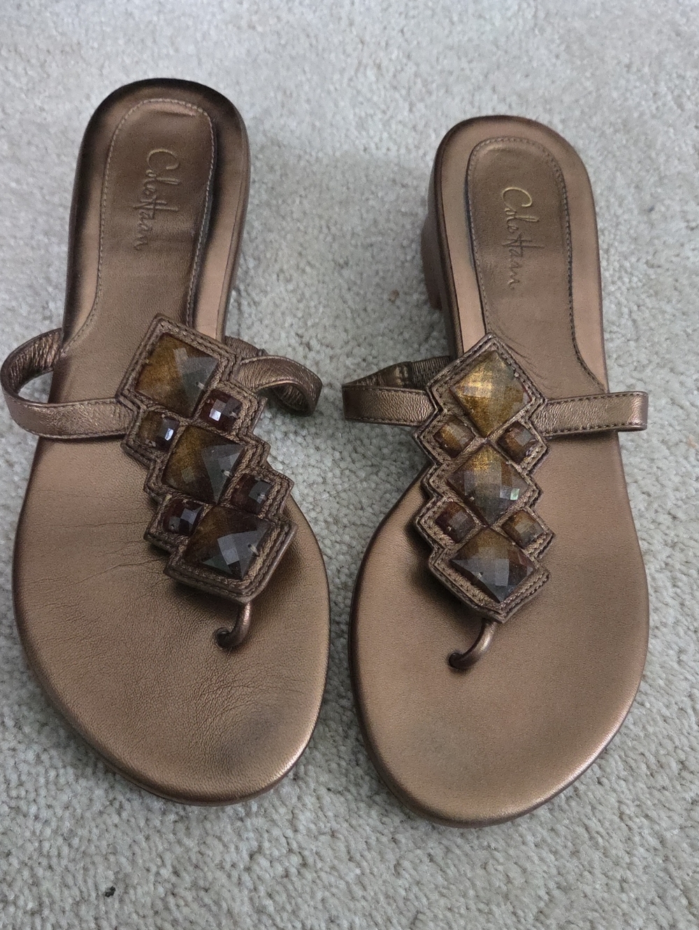 Cole Haan Women's Size 7 Leather Bronze Metallic Jeweled Toe-Post Sandals
